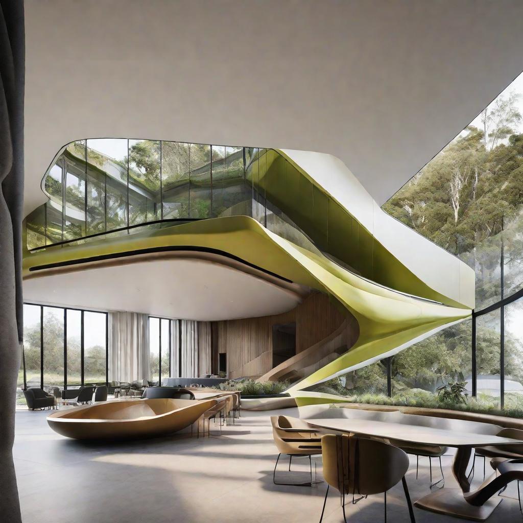  masterpiece, best quality,develop a 5 Storey flood resilient building with landscape around it. Take inspiration from New Zealand nature and Zaha Hadid Architects Design,