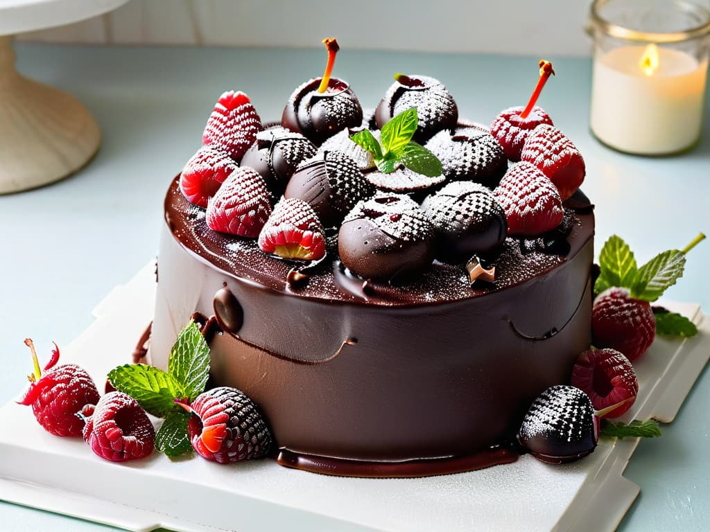  A closeup, ultradetailed image of a decadent, perfectly glazed chocolate cake topped with fresh raspberries and mint leaves. The cake is displayed on a pristine white plate, set against a softfocus background, highlighting the glossy texture of the chocolate ganache and the vibrant colors of the berries and herbs. The lighting captures every intricate detail, from the delicate crumb of the cake to the natural sheen of the fruit, inviting the viewer to indulge in the visual richness of this allergenfree chocolate dessert. hyperrealistic, full body, detailed clothing, highly detailed, cinematic lighting, stunningly beautiful, intricate, sharp focus, f/1. 8, 85mm, (centered image composition), (professionally color graded), ((bright soft diffused light)), volumetric fog, trending on instagram, trending on tumblr, HDR 4K, 8K