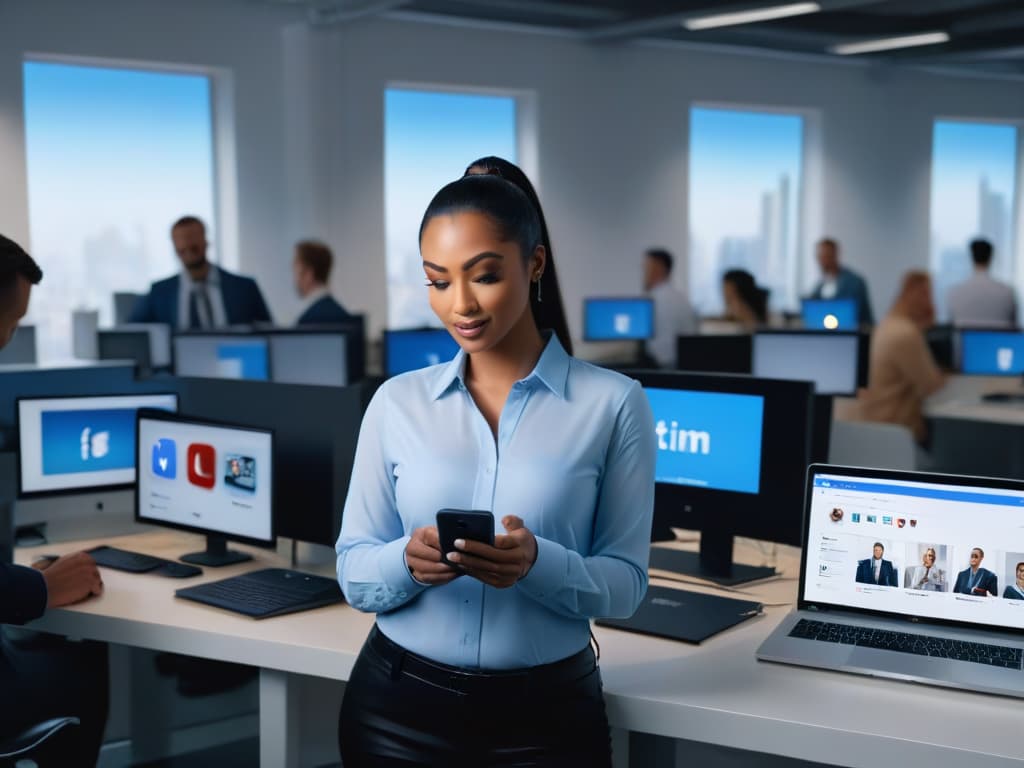  A photorealistic image of a diverse group of professionals, each engaged with a different social media platform on their devices, showcasing a cohesive branding theme across all screens. The scene includes a bustling office environment with modern technology, vibrant colors, and a sense of collaboration and creativity. Each individual is focused and determined, reflecting a sense of unity and consistency in their brand image across various social media platforms. hyperrealistic, full body, detailed clothing, highly detailed, cinematic lighting, stunningly beautiful, intricate, sharp focus, f/1. 8, 85mm, (centered image composition), (professionally color graded), ((bright soft diffused light)), volumetric fog, trending on instagram, trending on tumblr, HDR 4K, 8K