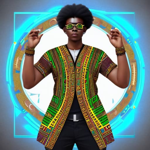  Design a a futuristic Afrocentric augmented reality wearable that a African Freedom Fighter would wear. With dashiki designs. The design focused on a selfie view and also portray a freedom fighter who is battling for the prosperity of the African continent