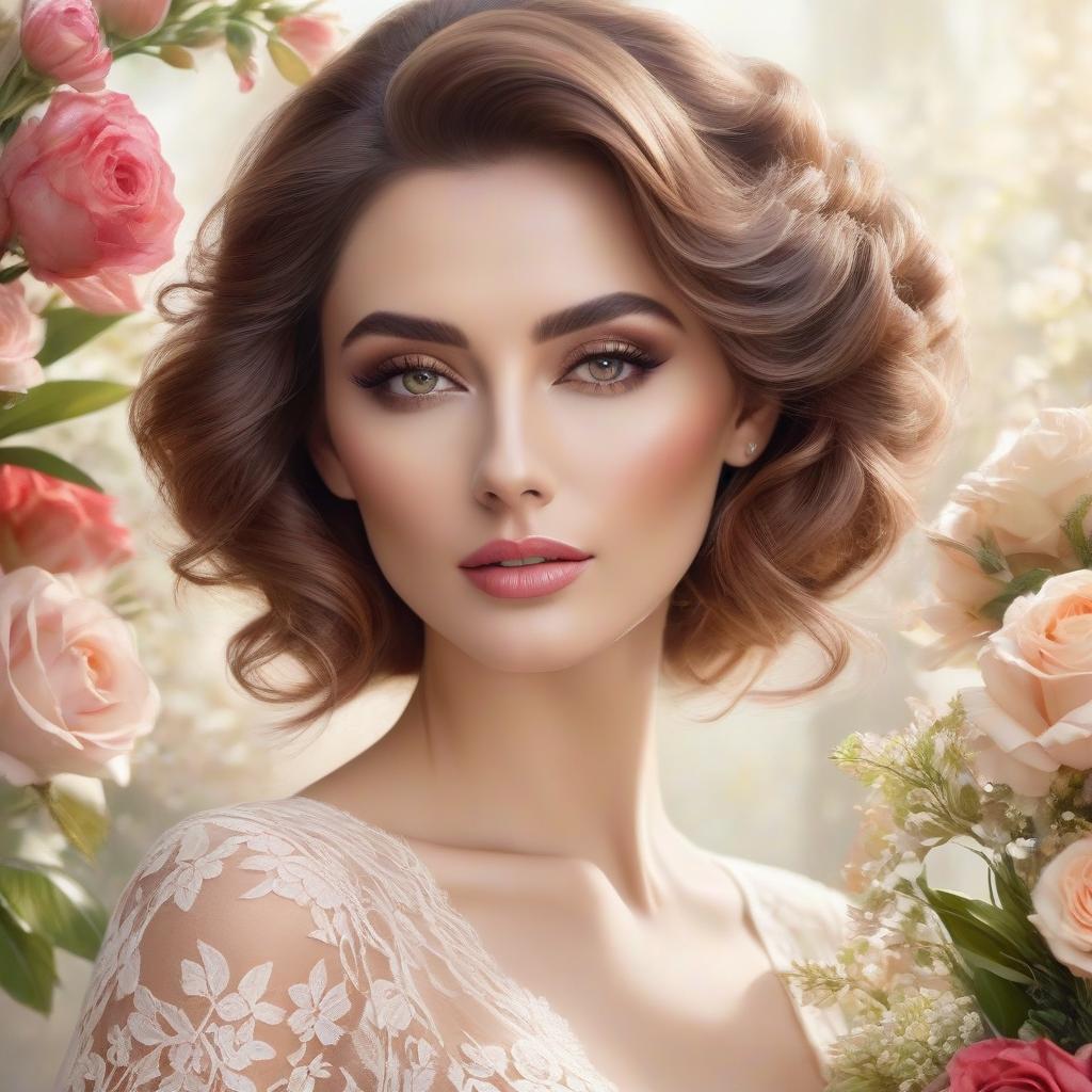  a woman with moderate makeup, brown haired wavy hair of medium length, in a lace blouse of pale beige color , with a bouquet of flowers in her hand, close up portrait of a face, realistic fantasy drawing, stylized portrait h 1280, ultra realistic, beautiful, colorful, realistic, high detail,rim light, animated 3D graphics, stunning watercolor painting, hyperrealistic, full body, detailed clothing, highly detailed, cinematic lighting, stunningly beautiful, intricate, sharp focus, f/1. 8, 85mm, (centered image composition), (professionally color graded), ((bright soft diffused light)), volumetric fog, trending on instagram, trending on tumblr, HDR 4K, 8K