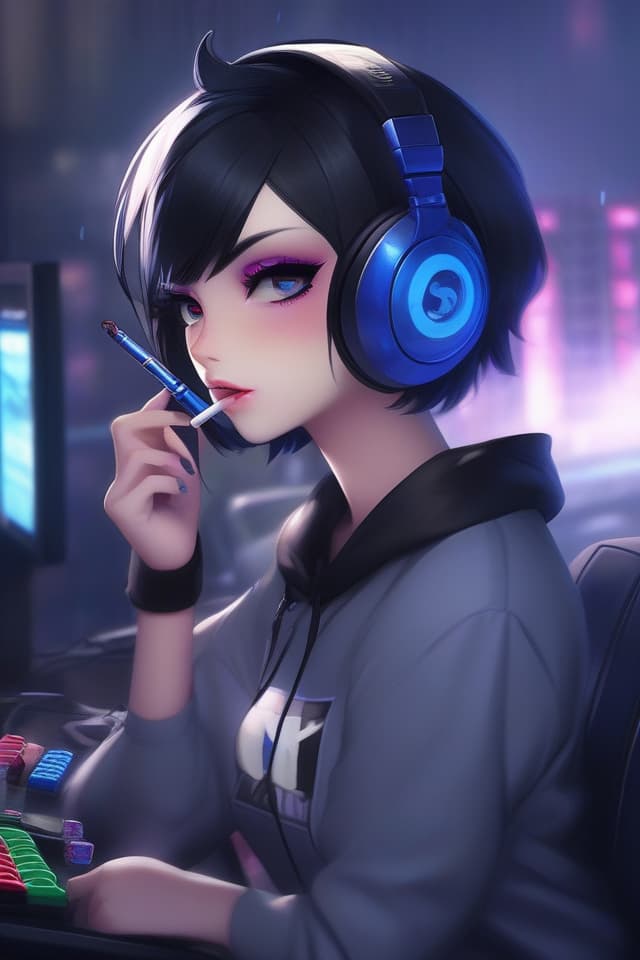  Gaming , black hair, short hair, s, smoking, big s, black and blue , wearing headphones, back, eyeshadow, mine based makeup