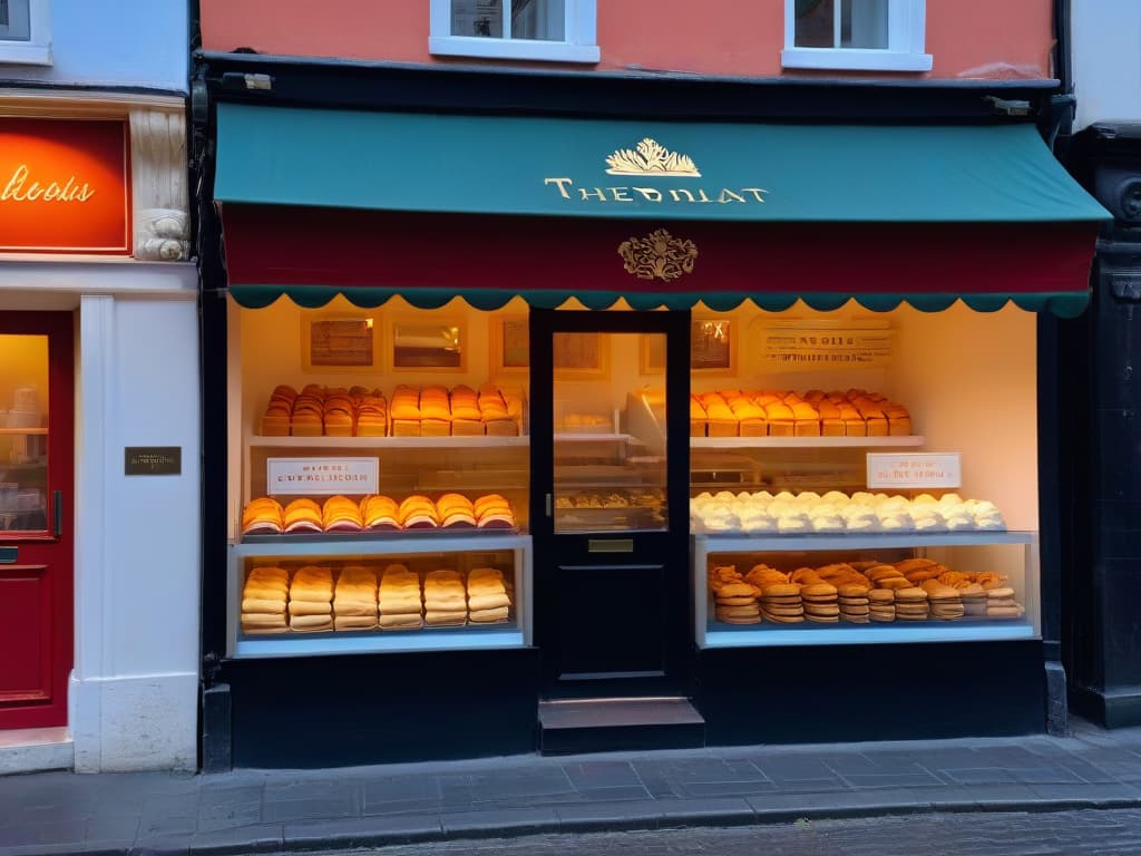  A minimalist illustration of a whimsical bakery storefront at dusk, with warm light spilling out onto the cobbled street, showcasing a variety of delectable pastries in the window display. The intricate details of the pastries are visible, from flaky croissants to colorful macarons, inviting customers to step inside and experience the magic of the bakery. hyperrealistic, full body, detailed clothing, highly detailed, cinematic lighting, stunningly beautiful, intricate, sharp focus, f/1. 8, 85mm, (centered image composition), (professionally color graded), ((bright soft diffused light)), volumetric fog, trending on instagram, trending on tumblr, HDR 4K, 8K