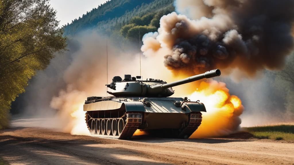  A military tank firing with a powerful blast and smoke trail