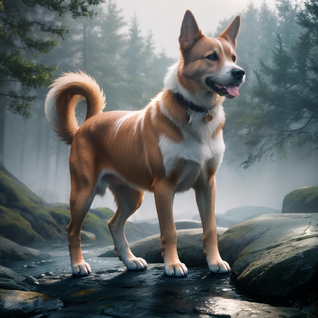  Create a image of dog hyperrealistic, full body, detailed clothing, highly detailed, cinematic lighting, stunningly beautiful, intricate, sharp focus, f/1. 8, 85mm, (centered image composition), (professionally color graded), ((bright soft diffused light)), volumetric fog, trending on instagram, trending on tumblr, HDR 4K, 8K