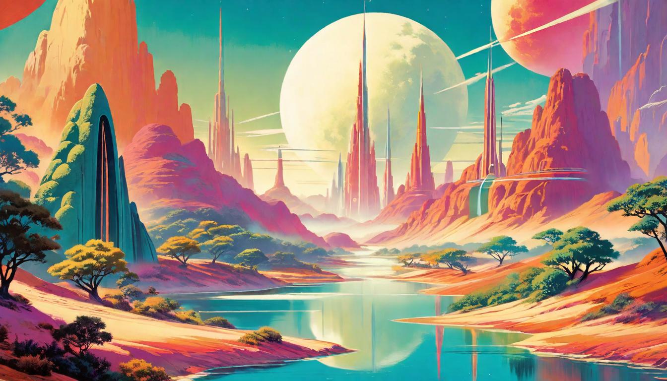  retro futuristic A visionary landscape merging desert and lush forest on either side of a flowing river, embodying ideals of peace, unity, and spiritual fulfillment. Warm, inviting light versus cool, shadowed peace, opposing forces in harmony. lvintage sci fi, 50s and 60s style, atomic age, vibrant, highly detailed