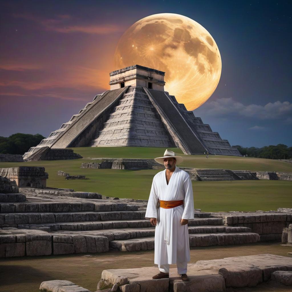  Israeli Nightclub, Noble, Chichen Itza in background, Moon in the night, Spiritual, Selective focus, upper class, magical composition, stunning, colorful, ambient, creative, located artistic, professional fine composition, set logical ambient background, detailed hyperrealistic, full body, detailed clothing, highly detailed, cinematic lighting, stunningly beautiful, intricate, sharp focus, f/1. 8, 85mm, (centered image composition), (professionally color graded), ((bright soft diffused light)), volumetric fog, trending on instagram, trending on tumblr, HDR 4K, 8K