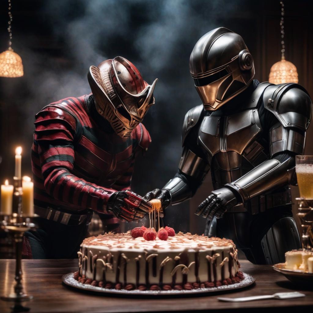  Freddy Krueger cuts the cake, Robocop opens the champagne. hyperrealistic, full body, detailed clothing, highly detailed, cinematic lighting, stunningly beautiful, intricate, sharp focus, f/1. 8, 85mm, (centered image composition), (professionally color graded), ((bright soft diffused light)), volumetric fog, trending on instagram, trending on tumblr, HDR 4K, 8K