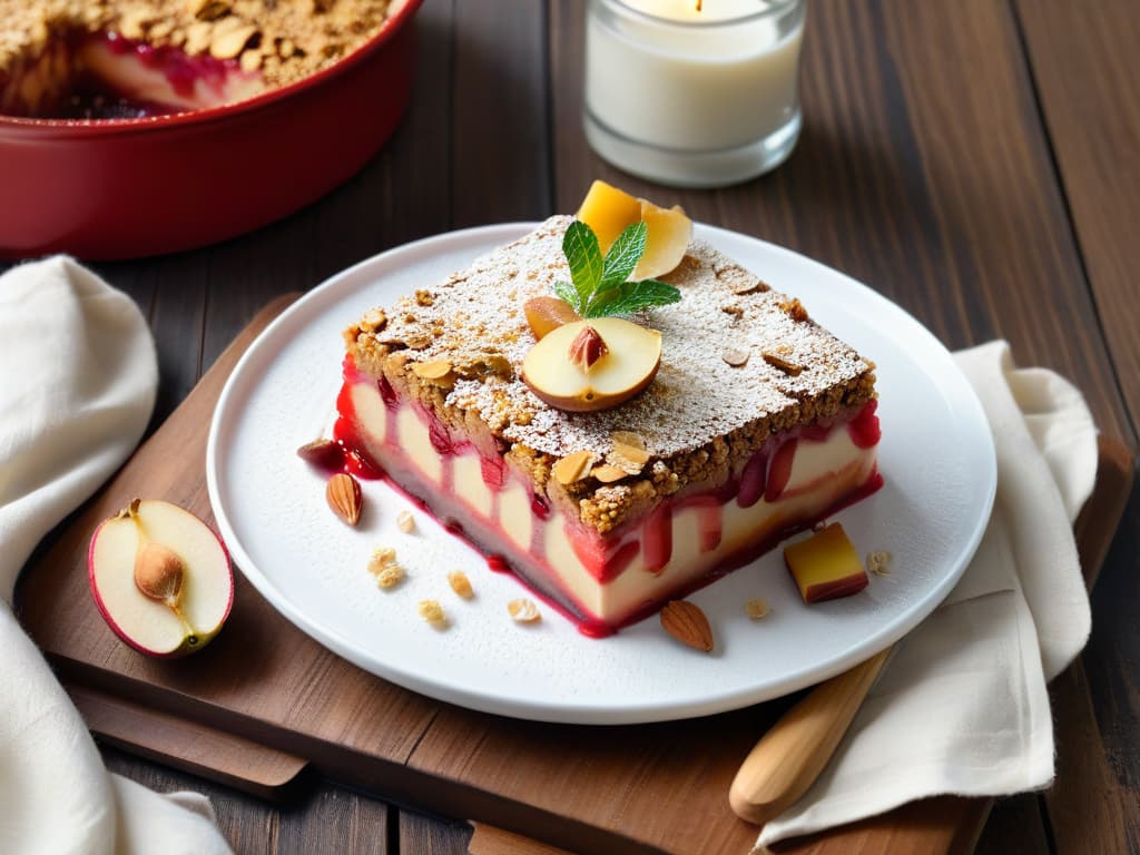  A closeup, ultradetailed image of a freshly baked crumble de manzana y ruibarbo, showcasing the goldenbrown crumble topping with oats and almonds glistening in the light. The layers of tender, cinnamonspiced apples and tangy rhubarb peeking through beneath the crispy crust, set on a sleek, modern white plate with a sprig of fresh mint delicately placed beside it. The textures and colors of the dessert are so vivid that every crumb and fruit piece is distinct, inviting the viewer to savor the sweet and tart flavors through the screen. hyperrealistic, full body, detailed clothing, highly detailed, cinematic lighting, stunningly beautiful, intricate, sharp focus, f/1. 8, 85mm, (centered image composition), (professionally color graded), ((bright soft diffused light)), volumetric fog, trending on instagram, trending on tumblr, HDR 4K, 8K