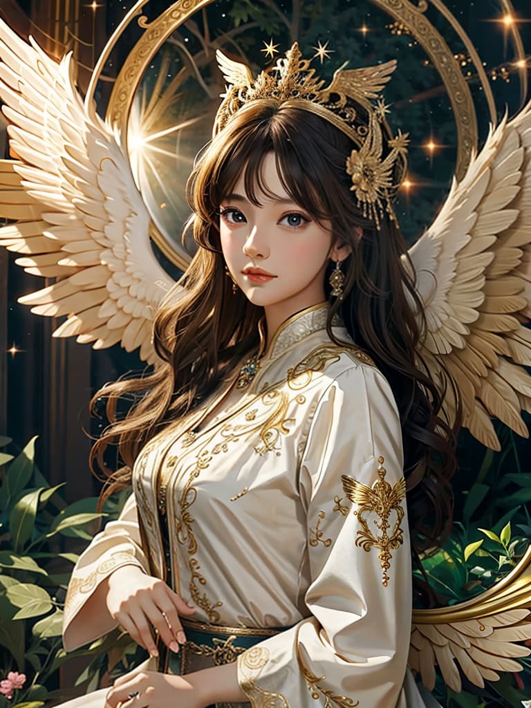  masterpiece, best quality, official art, extremely detailed cg 8k, texture masterpiece, best quality, official art, extremely detailed cg 8k, 2 beautiful angel girls with wings pointing into a circle, with multiple sharp black lines coming out of the circle, big bright light in the background top down close up