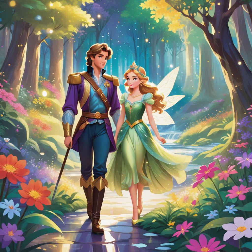  Image style: 'Dizney Ani Style'. Ilration style: The ilration style is vint and colorful, with a touch of whimsy and fantasy. Character: The prince and the fairy are seen standing together, looking determined and ready for an adventure. Place: They are in a magical forest, surrounded by tall trees, colorful flowers, and sparkling streams. Action: The prince and the fairy are holding hands, as if they are about to embark on a journey. Sch Bubble: "Let's stop the evil sorcerer and save the ren's stories!" Object Decoration: There are floating books and pages from ren's stories scattered around the scene. Facial expression: The prince has a determined and courageous expression, while the fairy has a mischievous and conf hyperrealistic, full body, detailed clothing, highly detailed, cinematic lighting, stunningly beautiful, intricate, sharp focus, f/1. 8, 85mm, (centered image composition), (professionally color graded), ((bright soft diffused light)), volumetric fog, trending on instagram, trending on tumblr, HDR 4K, 8K