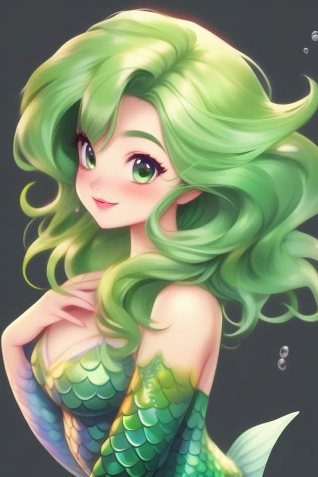  The upper body, the Illustration VERY BEAUTIFUL MERMAID, (GREEN HAIR COLOR), SEVEN COLORED SCALES, SEVEN COLORED FINS, H IGH Quality, High Image Quality, 8k, 16k