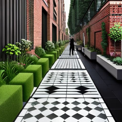  Urban sidewalk design for people without car traffic, the sidewalk walls of commercial shops are brick-faced, the path is covered with creeping plants and gardens, geometric shapes flooring with tiles