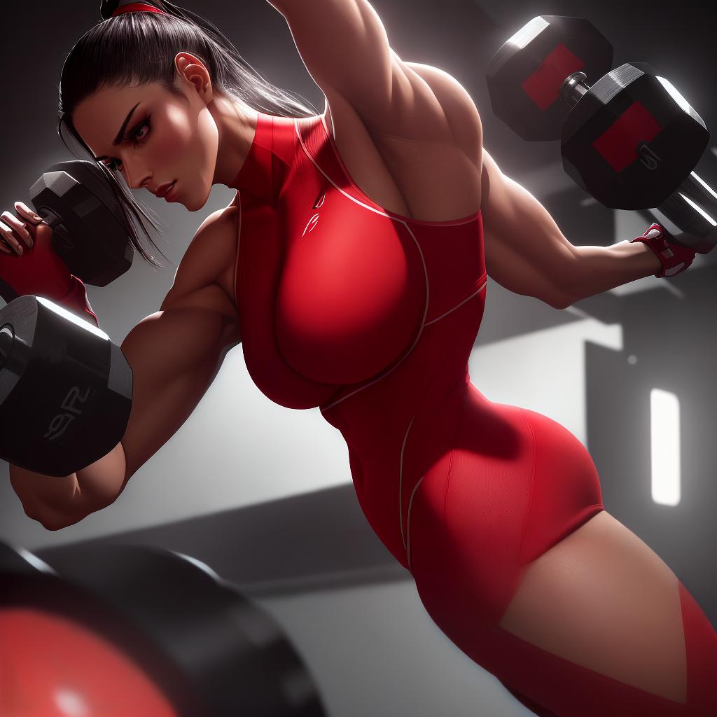  A photorealistic image of an athletic woman using one of the best red light therapy panels for a blog post, showcasing her muscular physique, ((intense focus)) on her face, sweat glistening on her skin, in a modern gym setting with ((mirrors reflecting her silhouette)) and ((dumbbells in the background)), ((creating a dynamic composition)). The image captures the ((power and determination)) of the woman as she benefits from the therapeutic effects of the red light, with vibrant colors and ((impeccable lighting)) enhancing the overall impact. The artwork is created in a hyper-realistic style, with (((ultra-detailed))) and (((highly accurate))) rendering of the woman's anatomy and the gym environment. This ((masterpiece)) is suitable for larg hyperrealistic, full body, detailed clothing, highly detailed, cinematic lighting, stunningly beautiful, intricate, sharp focus, f/1. 8, 85mm, (centered image composition), (professionally color graded), ((bright soft diffused light)), volumetric fog, trending on instagram, trending on tumblr, HDR 4K, 8K