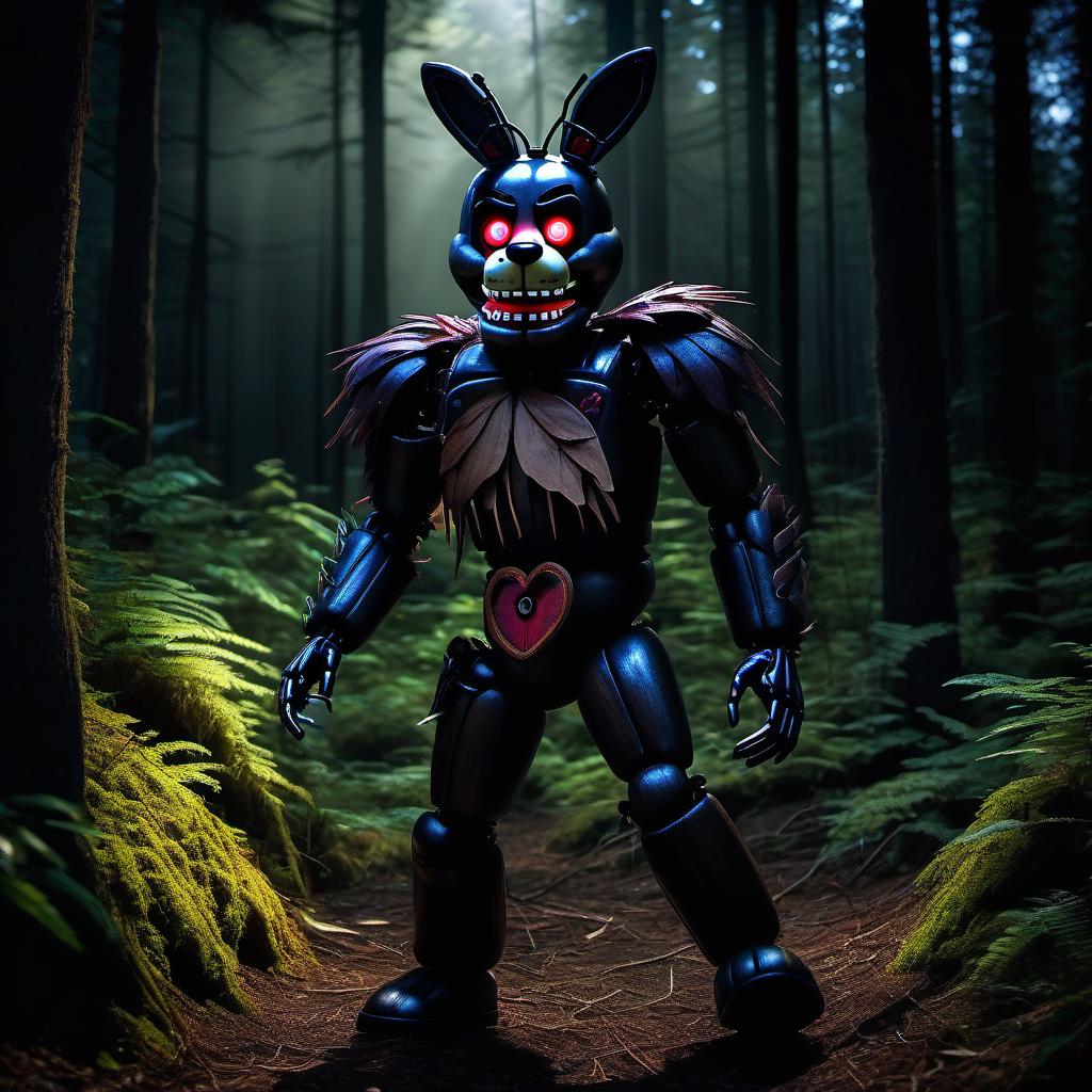  HDR photo of Animatronic from Five Nights At Freddy's is running after a person, Freddy and the person, with lifeless eyes and a wooden body, one black butterfly, glowing eyes on Freddy, forest, the surrounding area is too dark. . High dynamic range, vivid, rich details, clear shadows and highlights, realistic, intense, enhanced contrast, highly detailed hyperrealistic, full body, detailed clothing, highly detailed, cinematic lighting, stunningly beautiful, intricate, sharp focus, f/1. 8, 85mm, (centered image composition), (professionally color graded), ((bright soft diffused light)), volumetric fog, trending on instagram, trending on tumblr, HDR 4K, 8K