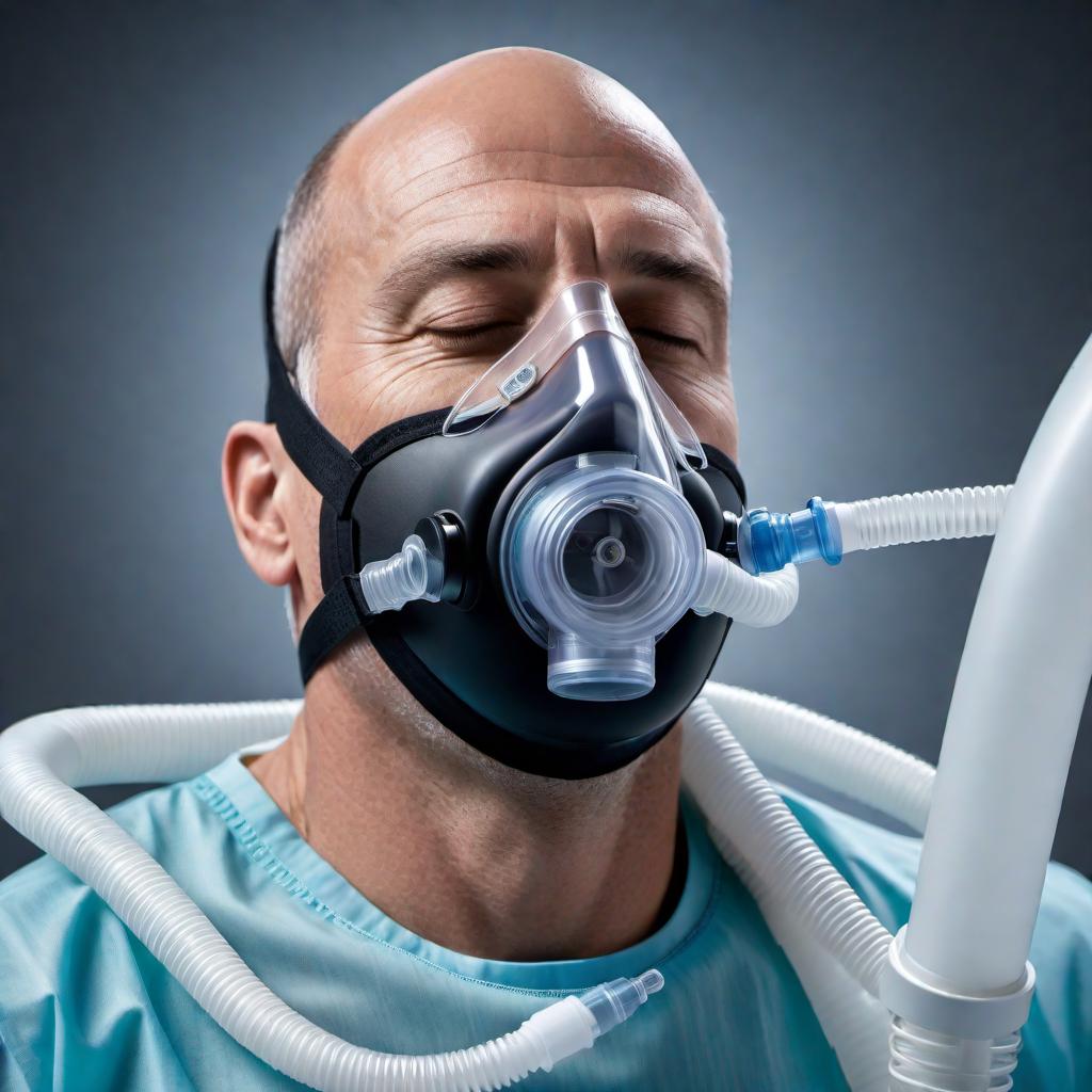  Illustration showing small black particles coming from a CPAP (Continuous Positive Airway Pressure) apparatus entering the patient's airway and traveling to the lungs. The focus should be on the airway and lungs, highlighting the black particles moving through the respiratory system. hyperrealistic, full body, detailed clothing, highly detailed, cinematic lighting, stunningly beautiful, intricate, sharp focus, f/1. 8, 85mm, (centered image composition), (professionally color graded), ((bright soft diffused light)), volumetric fog, trending on instagram, trending on tumblr, HDR 4K, 8K