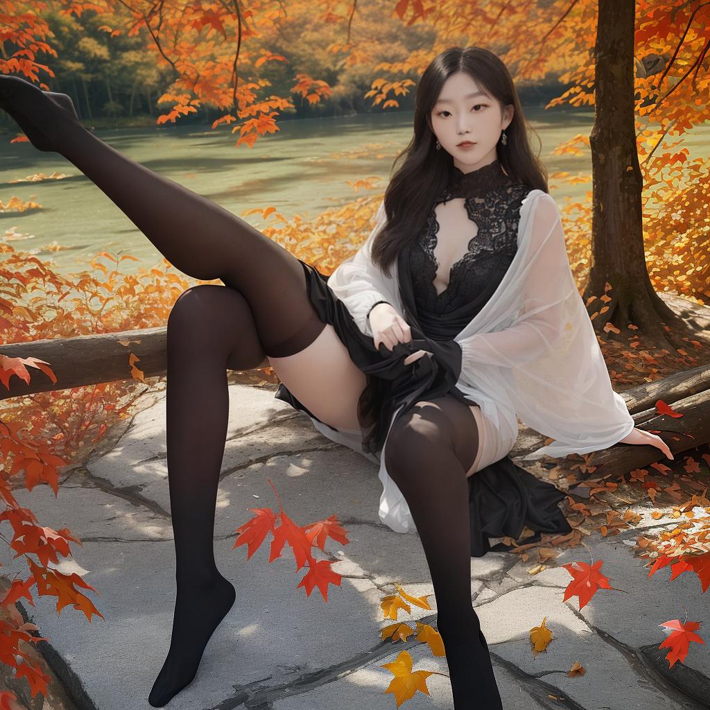  Masterpiece, best quality, this stunning photo captures a pair of legs wrapped in black stockings, elegantly emerging from the flowing fabric. Taken outdoors, the legs are set against vibrant autumn leaves, creating a sharp contrast between dark silk and the surrounding nature. The atmosphere is full of elegance and refinement, and the style of this photo contains modern interpretations of beauty, clear details and vivid colors, similar to high dynamic range composition. This photo can be realized using Fujifilm Pro 400 H film, which enhances the richness of color and adds a touch of charm to the scene.