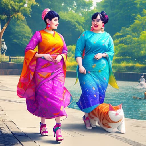  one fatty cat wearing designer colorfull saari with gogals walking in riverpool