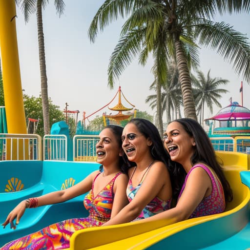  with vibrant abstract elements, four sisters Laughing between the adventure island in Rohini,and great music playing in the background also the rides behind them I want photo in far way