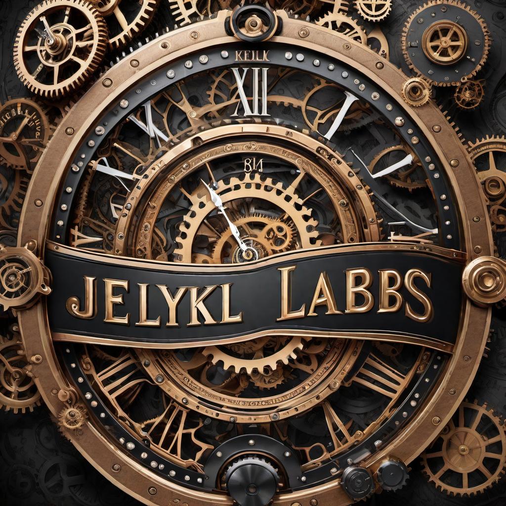  Create a line drawing using a modern font for the words "JEKYLL LABS" on a steampunk background, with gears, clocks, and mechanical elements integrated into the design. hyperrealistic, full body, detailed clothing, highly detailed, cinematic lighting, stunningly beautiful, intricate, sharp focus, f/1. 8, 85mm, (centered image composition), (professionally color graded), ((bright soft diffused light)), volumetric fog, trending on instagram, trending on tumblr, HDR 4K, 8K