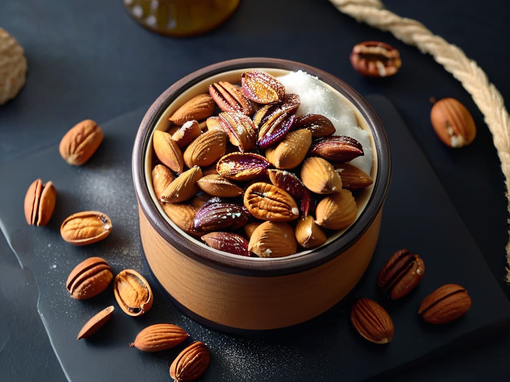  An ultradetailed image of a variety of nuts (almonds, walnuts, pecans) beautifully caramelized to a rich golden brown, glistening with a sugary glaze, sprinkled with a touch of sea salt, arranged neatly on a sleek, matte black surface. The nuts are perfectly toasted, emitting a warm, inviting aroma, with visible caramelized edges that promise a delicate crunch and a burst of flavor in every bite. The play of light and shadow highlights the textures and colors, creating a visually stunning and appetizing composition that embodies the essence of roasted and caramelized nuts. hyperrealistic, full body, detailed clothing, highly detailed, cinematic lighting, stunningly beautiful, intricate, sharp focus, f/1. 8, 85mm, (centered image composition), (professionally color graded), ((bright soft diffused light)), volumetric fog, trending on instagram, trending on tumblr, HDR 4K, 8K