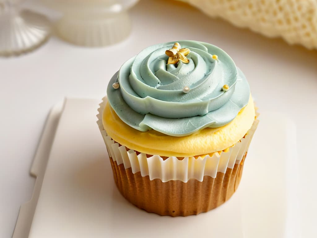  A closeup, highresolution image of a perfectly golden, freshly baked lowcalorie cupcake topped with delicate swirls of pastelcolored frosting, adorned with a single shimmering silver dragee. The cupcake sits on a sleek, modern white plate against a soft, blurred background, emphasizing its elegant simplicity and inviting texture. hyperrealistic, full body, detailed clothing, highly detailed, cinematic lighting, stunningly beautiful, intricate, sharp focus, f/1. 8, 85mm, (centered image composition), (professionally color graded), ((bright soft diffused light)), volumetric fog, trending on instagram, trending on tumblr, HDR 4K, 8K