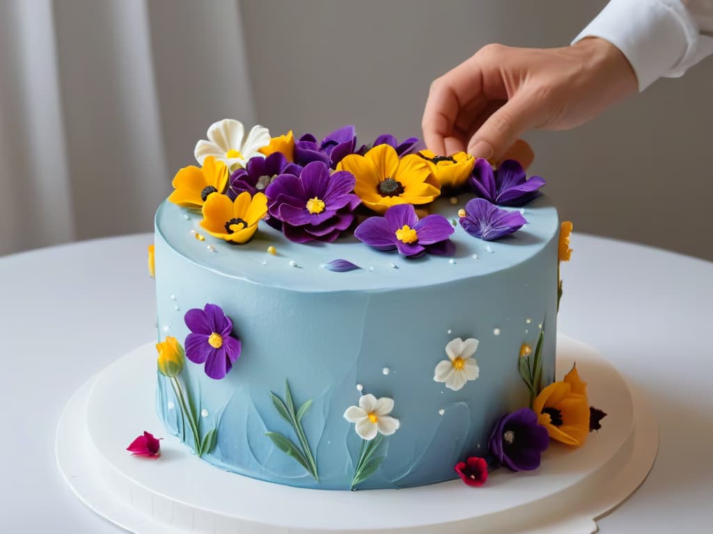  An ultradetailed, minimalistic image of a baker intricately decorating a beautifully crafted cake with vibrant colored frosting and delicate edible flowers, set against a clean, white background. The focus is on the precision of the baker's hand movements and the artistry of the cake design, showcasing the skill and creativity involved in the craft of pastry making. hyperrealistic, full body, detailed clothing, highly detailed, cinematic lighting, stunningly beautiful, intricate, sharp focus, f/1. 8, 85mm, (centered image composition), (professionally color graded), ((bright soft diffused light)), volumetric fog, trending on instagram, trending on tumblr, HDR 4K, 8K