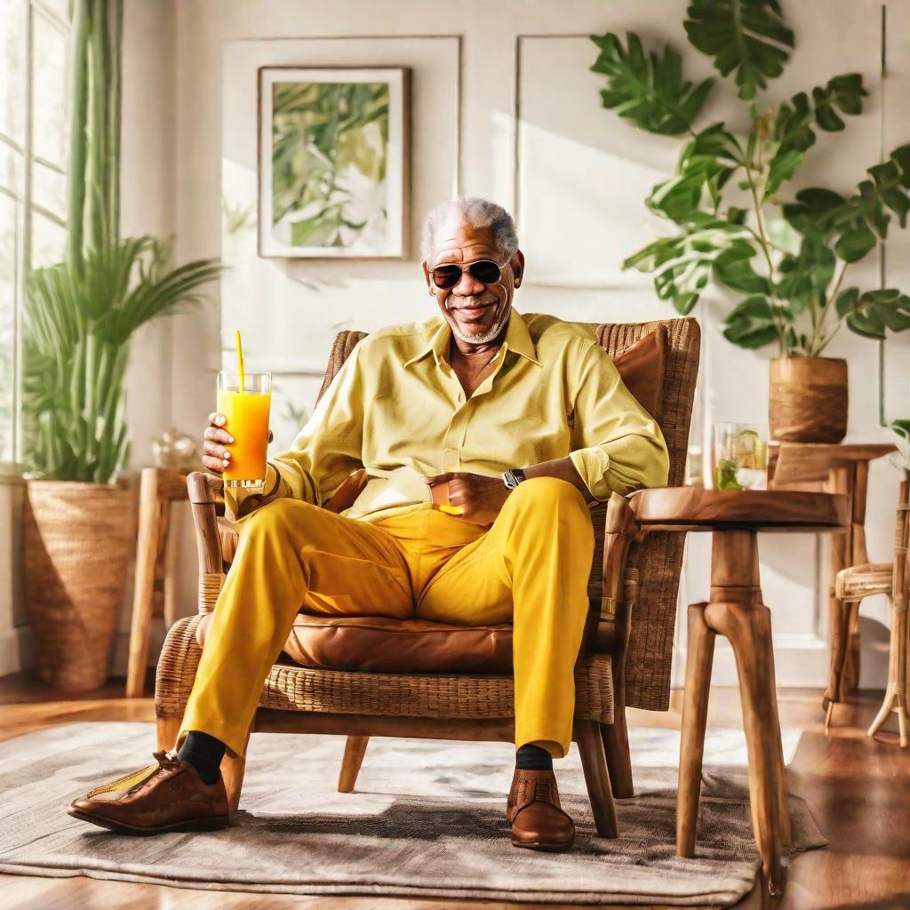  (((Morgan freeman)))(( drinking)) (((mango juice))) in a glass. sitting in a wooden chair in a living room, well furnished, bright light, (((photo realistic)))