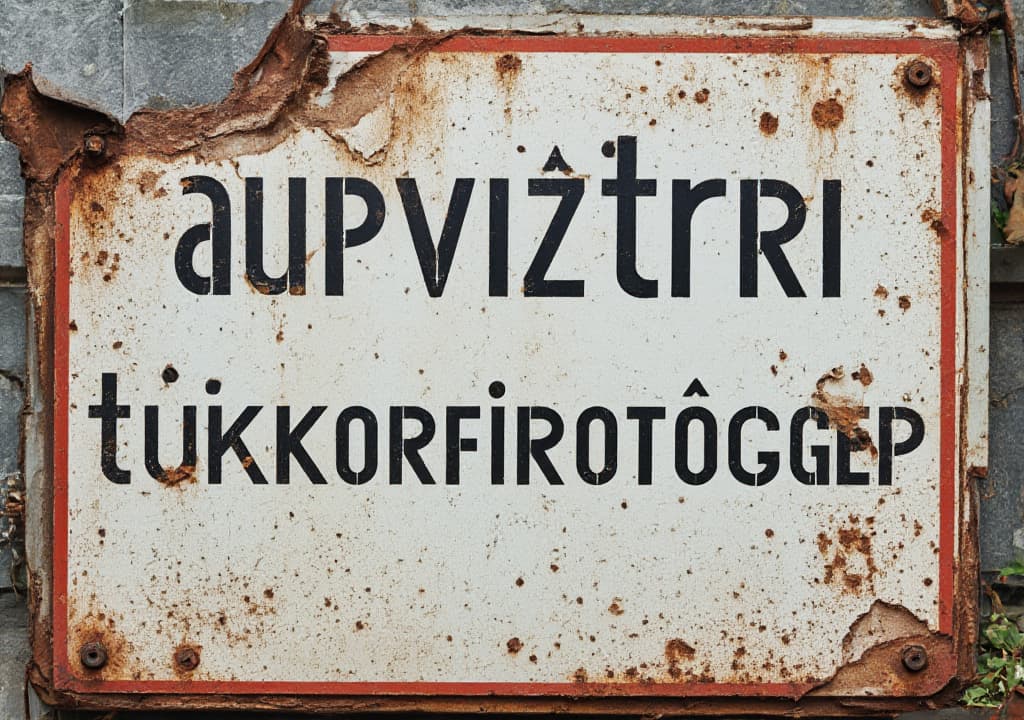  detail, photo, cinscene, dreamwalking a rusty weather beaten metal signboard white, edge painted red, with large text roboto font, hungarian language, "árvíztűrő tükörfúrógép"