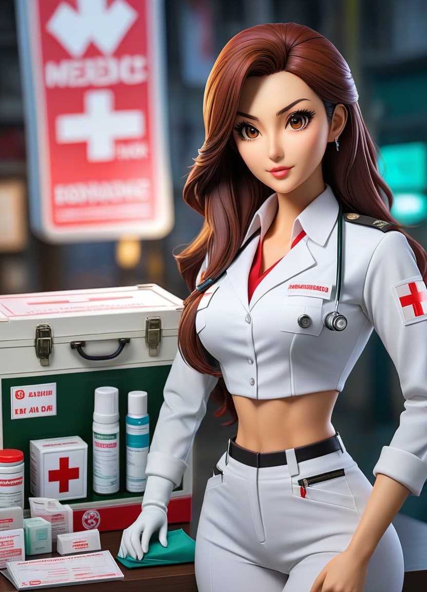  Retail packaging style medical kit, box, first aid, props, anime, inventory, badge . Vibrant, enticing, commercial, product focused, eye catching, professional, highly detailed hyperrealistic, full body, detailed clothing, highly detailed, cinematic lighting, stunningly beautiful, intricate, sharp focus, f/1. 8, 85mm, (centered image composition), (professionally color graded), ((bright soft diffused light)), volumetric fog, trending on instagram, trending on tumblr, HDR 4K, 8K