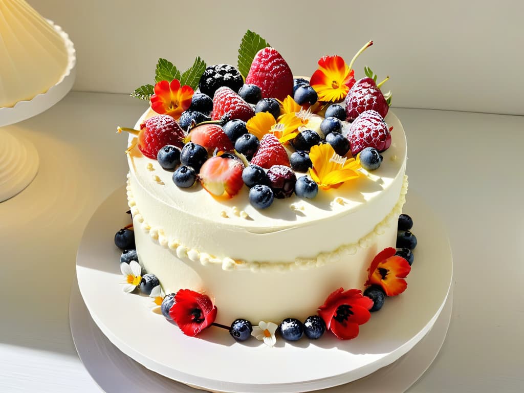  A photorealistic image of a beautifully decorated sugarfree cake, adorned with fresh berries and edible flowers, displayed on a pristine white cake stand. The cake is intricately layered with creamy frosting and delicate decorations, showcasing the artistry and elegance of sugarfree baking. The vibrant colors of the fruits and flowers pop against the neutral background, creating a visually stunning and appetizing composition that embodies the essence of healthy sugarfree pastry making. hyperrealistic, full body, detailed clothing, highly detailed, cinematic lighting, stunningly beautiful, intricate, sharp focus, f/1. 8, 85mm, (centered image composition), (professionally color graded), ((bright soft diffused light)), volumetric fog, trending on instagram, trending on tumblr, HDR 4K, 8K