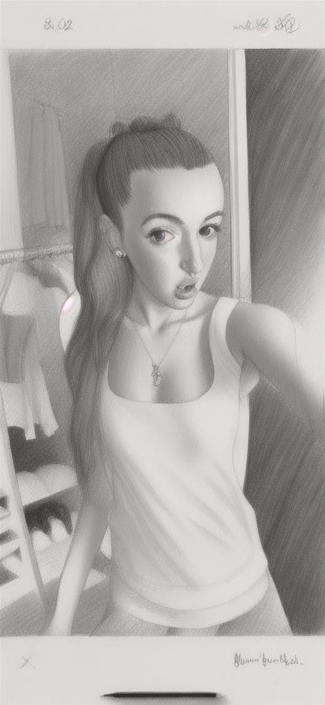 simple sketch, pencil sketch,a young woman with a high ponytail and white tank top takes a selfie. her expression is playful, with a slight smirk. a closet with clothes and shoes is behind her., minimalistic hand drawn sketch, clean lines, simple details, sketch artstyle, grayscale, monochrome, solo subject, white background, light shading