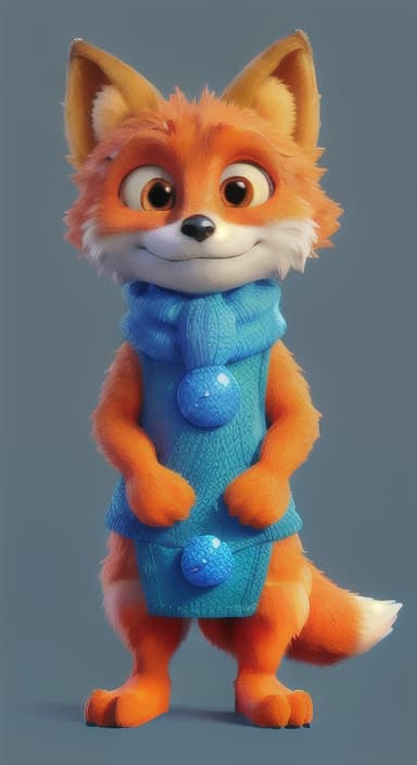  {Error the fox pressing the blue button with his paw, looking puzzled as nothing occurs., Error is a small, bright orange fox with a fluffy tail and big, inquisitive eyes. He has a mischievous yet kind expression and wears a tiny green scarf.