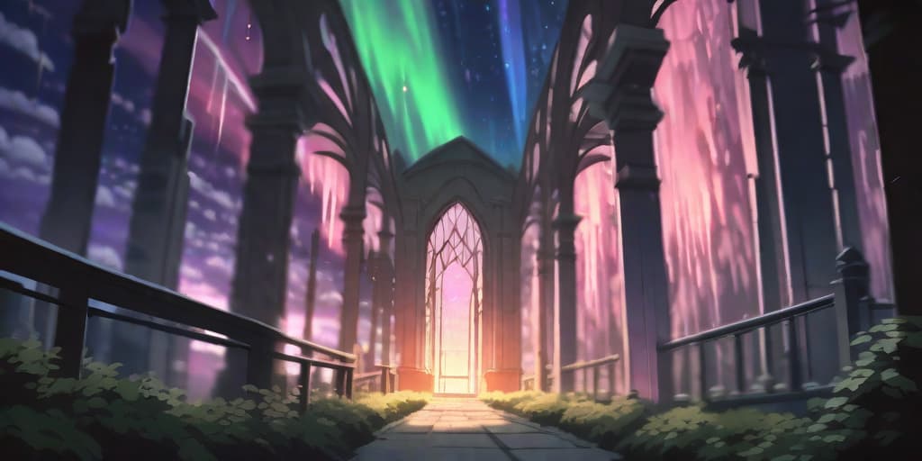  anime art, your name style, dimly lit stone corridors of an orphanage, echoed with sounds of training, small room with a single window letting in sliver of light, large clearing in a dense forest under the Northern Lights