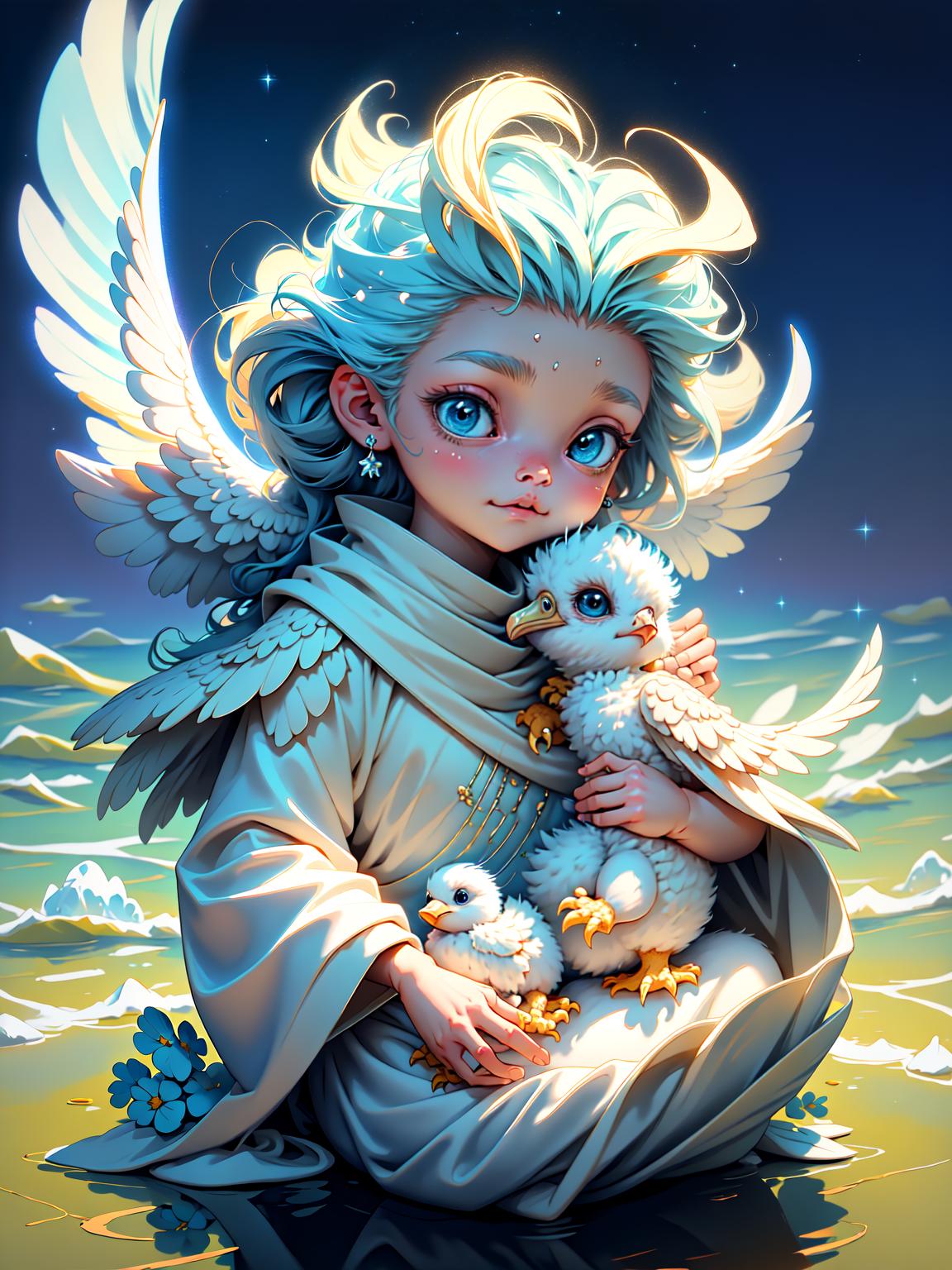  master piece, best quality, ultra detailed, highres, 4k.8k, Pelican, Carrying a baby in its beak, Gentle, BREAK Pelican carrying a baby, Angelic and gentle space., Blue sky with fluffy white clouds, Baby blanket, pacifier, small toys, BREAK Serene and peaceful, Soft light, a warm aura surrounding the characters, Cu73Cre4ture