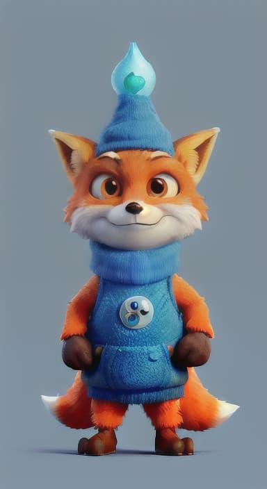  {Error the fox pressing the blue button with his paw, looking puzzled as nothing occurs., Error is a small, bright orange fox with a fluffy tail and big, inquisitive eyes. He has a mischievous yet kind expression and wears a tiny green scarf.