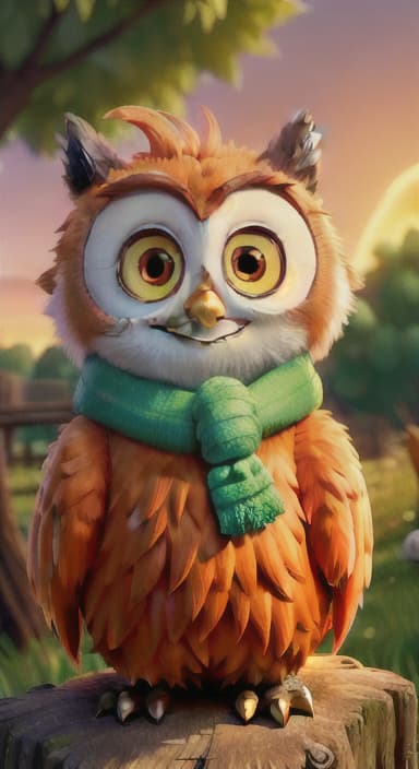  {Error and the old owl sitting happily together under a tree at sunset, looking content and smiling., Error is a small, bright orange fox with a fluffy tail and big, inquisitive eyes. He has a mischievous yet kind expression and wears a tiny green scarf.