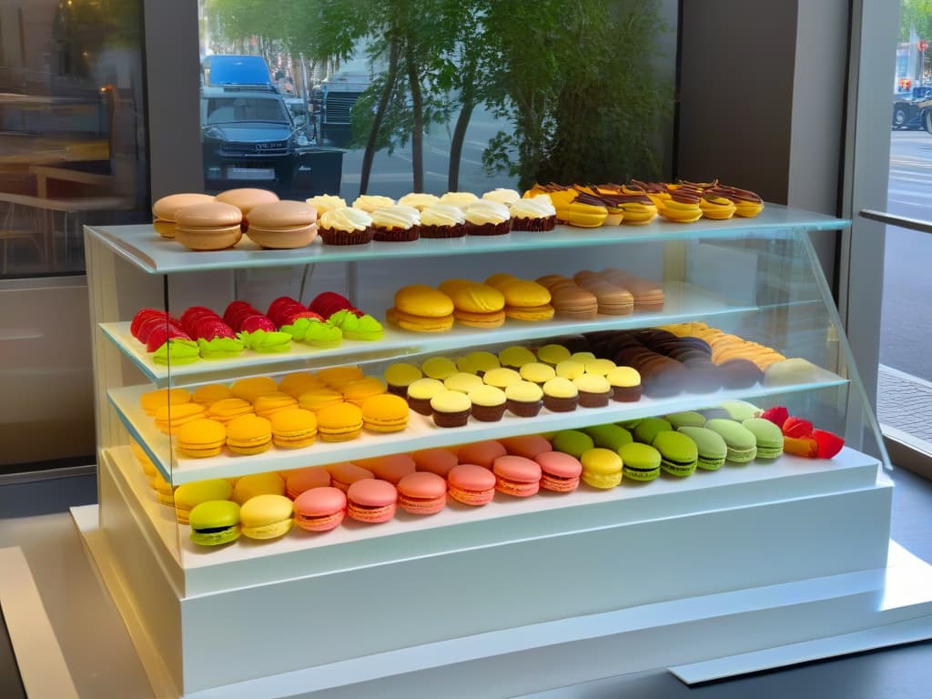  A minimalistic and elegant image of a beautifully decorated pastry shop window display at sunrise, showcasing a variety of colorful and intricately designed pastries such as macarons, cupcakes, and tarts, with soft natural light filtering through the window, creating a warm and inviting atmosphere. hyperrealistic, full body, detailed clothing, highly detailed, cinematic lighting, stunningly beautiful, intricate, sharp focus, f/1. 8, 85mm, (centered image composition), (professionally color graded), ((bright soft diffused light)), volumetric fog, trending on instagram, trending on tumblr, HDR 4K, 8K