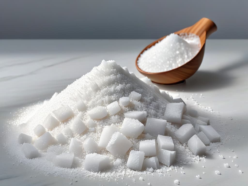  A beautifully detailed and photorealistic image of two distinct piles of salt side by side on a sleek, modern kitchen countertop. On the left, a mound of coarse, slightly offwhite salt crystals representing "sal de mar," glistening under the soft glow of overhead lighting. On the right, a perfectly formed pile of fine, pure white salt grains symbolizing "sal refinada," catching the light in a different way. The intricate textures and differences between the two types of salt are highly detailed, down to the individual granules, showcasing the contrast between the natural, unrefined sea salt and the processed, refined salt. This image conveys the essence of the article's message about the transformative difference between sea salt and refine hyperrealistic, full body, detailed clothing, highly detailed, cinematic lighting, stunningly beautiful, intricate, sharp focus, f/1. 8, 85mm, (centered image composition), (professionally color graded), ((bright soft diffused light)), volumetric fog, trending on instagram, trending on tumblr, HDR 4K, 8K