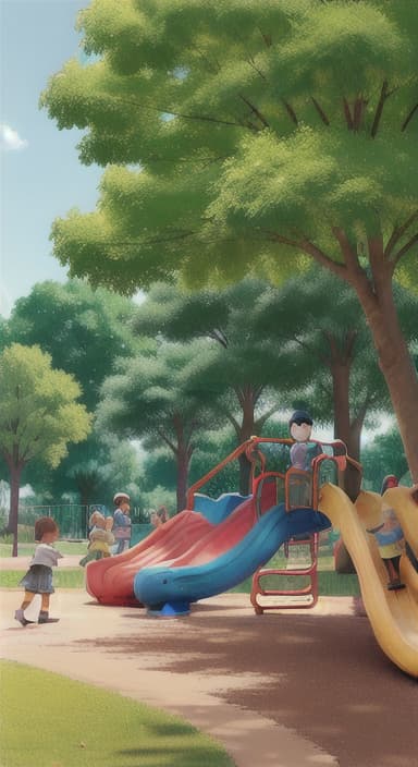  {Children playing in a sunny park with swings and slides., Same group of happy children, now wearing casual play clothes.