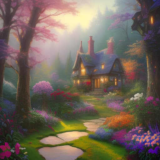  (Painting in oil 1.3) Artist Thomas Kinkade. Enchanted cottage in a magical fairy tale garden. A blissful corner, paths, trail, bridge, meticulous drawing of all details, maximum quality. hyperrealistic, full body, detailed clothing, highly detailed, cinematic lighting, stunningly beautiful, intricate, sharp focus, f/1. 8, 85mm, (centered image composition), (professionally color graded), ((bright soft diffused light)), volumetric fog, trending on instagram, trending on tumblr, HDR 4K, 8K