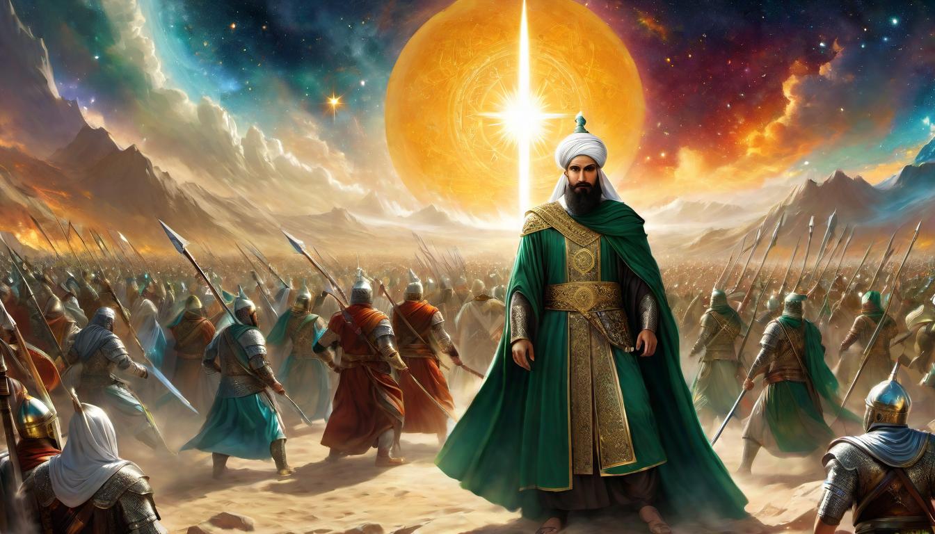  digital painting of Imam Mahdi and Prophet Isa, back to back, commanding presence amidst a throng of celestial warriors, determined faces set against the cosmos, armor reflecting the light of truth, beacon of unity, leadership embodied, destined victory, divine alignment looking at viewer, dynamic pose, (intricate details, masterpiece, best quality)