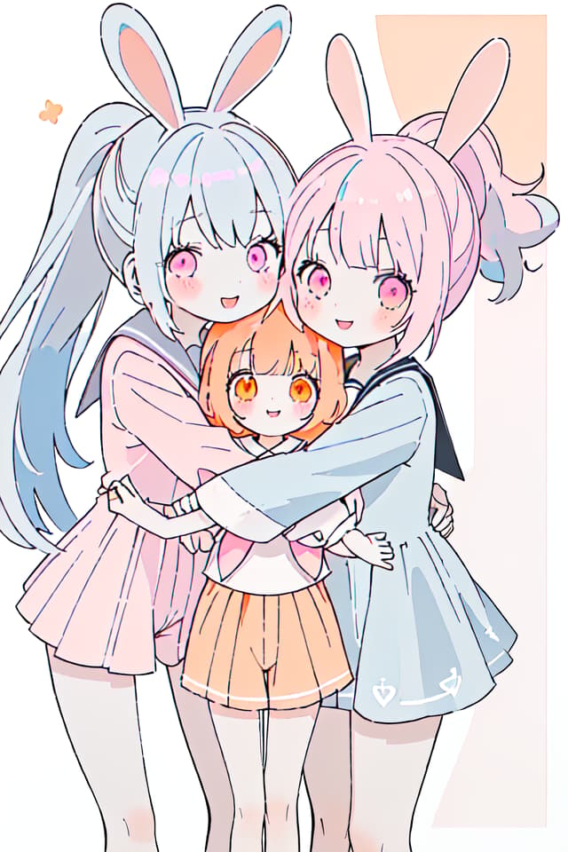  Rabbit ears,friends,smiles,beautiful girls,2 people,(orange eyes,light blue hair,perm,ponytail,),(pink eyes,gray hair,long hair,),cute,good friends,hugging each other,sailor suit,cuteRabbit ears,friends,smiles,beautiful girls,2 people,(orange eyes,light blue hair,perm,ponytail,),(pink eyes,gray hair,long hair,),cute,good friends,hugging each other,sailor suit,cute(absurd detailed:1.4、best quality:1.4、masterpiece:1.4)、The same height、