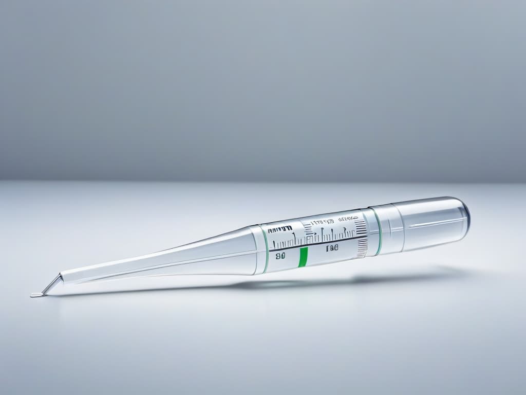  A closeup, ultradetailed image of a sleek, silver precision pipette with measurement markings, set against a soft white background. The pipette is perfectly clean and shiny, with light reflecting off its surface, highlighting its intricate design and precision engineering. hyperrealistic, full body, detailed clothing, highly detailed, cinematic lighting, stunningly beautiful, intricate, sharp focus, f/1. 8, 85mm, (centered image composition), (professionally color graded), ((bright soft diffused light)), volumetric fog, trending on instagram, trending on tumblr, HDR 4K, 8K