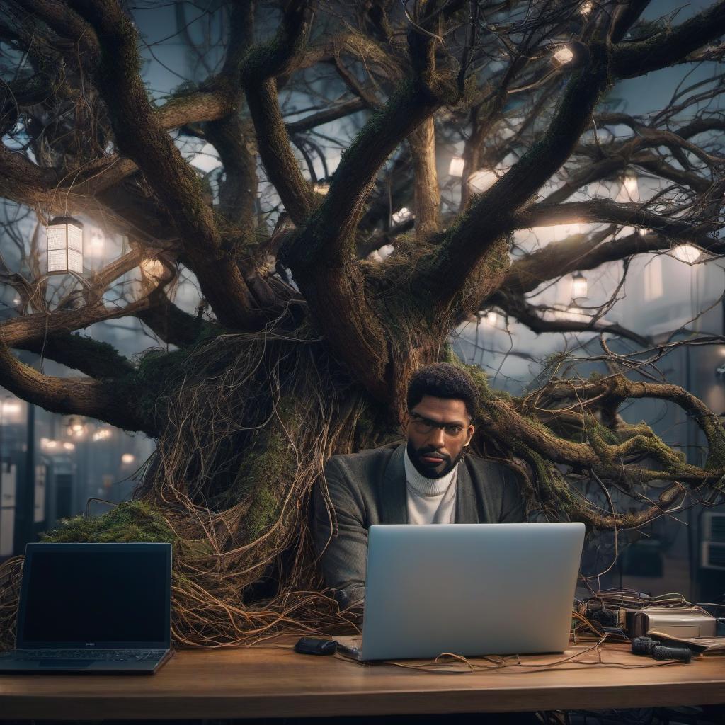  A tangled tree on which many laptops and phones grow, and many people are looking at these laptops. hyperrealistic, full body, detailed clothing, highly detailed, cinematic lighting, stunningly beautiful, intricate, sharp focus, f/1. 8, 85mm, (centered image composition), (professionally color graded), ((bright soft diffused light)), volumetric fog, trending on instagram, trending on tumblr, HDR 4K, 8K