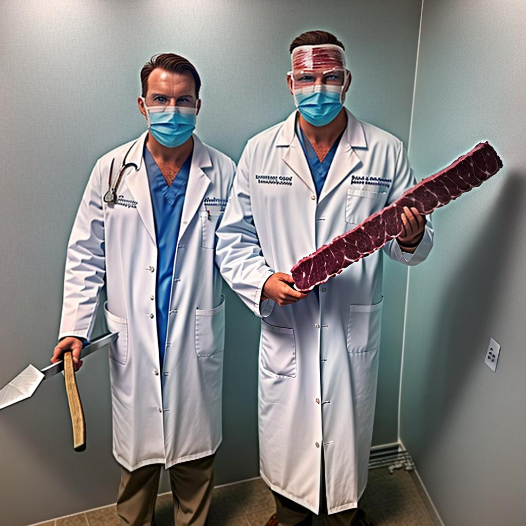  A man with a white doctor's coat and a mask with a razor blade and in his hand he holds a meat ax stands in a room covered with plastic on the walls!