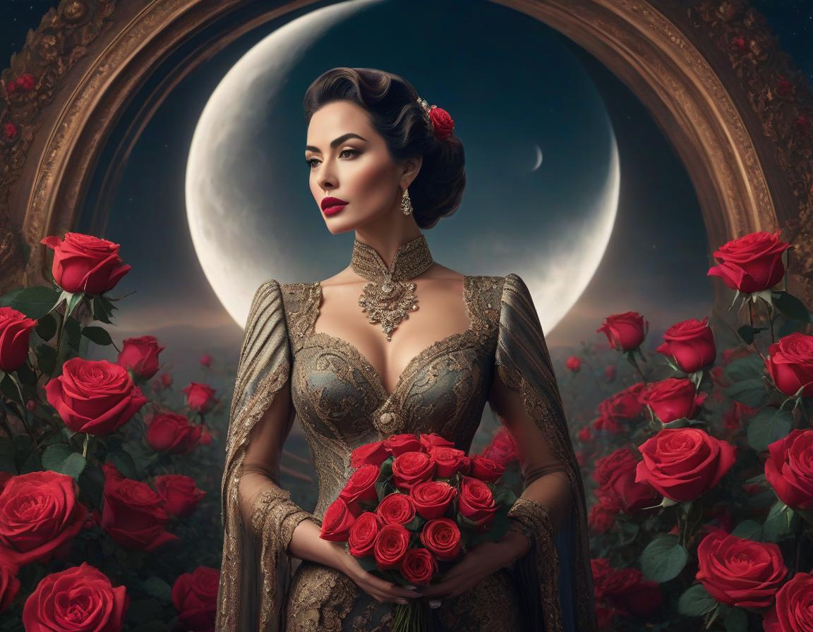  concept art An elaborate digital artwork of a woman in vintage attire with roses and a lunar backdrop. . digital artwork, illustrative, painterly, matte painting, highly detailed hyperrealistic, full body, detailed clothing, highly detailed, cinematic lighting, stunningly beautiful, intricate, sharp focus, f/1. 8, 85mm, (centered image composition), (professionally color graded), ((bright soft diffused light)), volumetric fog, trending on instagram, trending on tumblr, HDR 4K, 8K