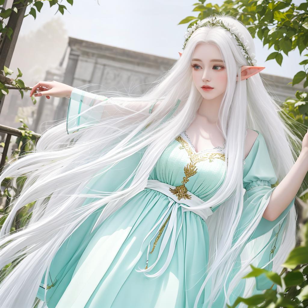  masterpiece, best quality, (masterpiece, best quality, high quality, super detail), realism, 1 sweet , bigger,(side id:1.1), long hair,((white hair)), leaf hair accessory, elf, green eyes, pale skin, body, jewelry, white dress,(separated sleeves:1.1), celet,(away from sight:1.2),(hair floating:1.3)