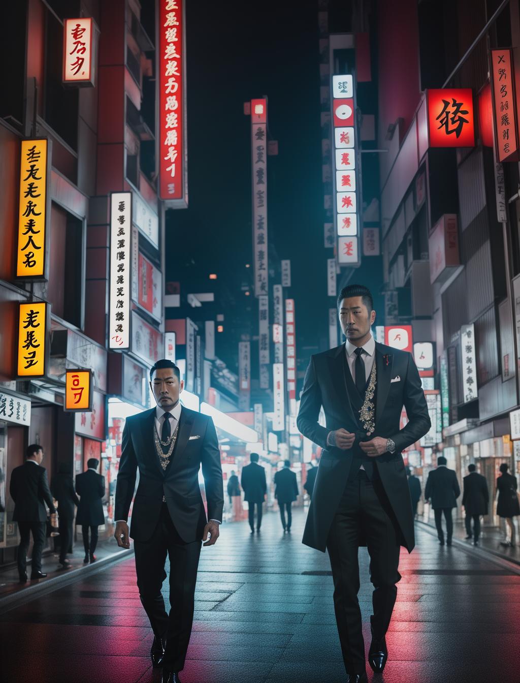  Yakuza in Smoking, Tokyo late at night, raining, empty streets hyperrealistic, full body, detailed clothing, highly detailed, cinematic lighting, stunningly beautiful, intricate, sharp focus, f/1. 8, 85mm, (centered image composition), (professionally color graded), ((bright soft diffused light)), volumetric fog, trending on instagram, trending on tumblr, HDR 4K, 8K