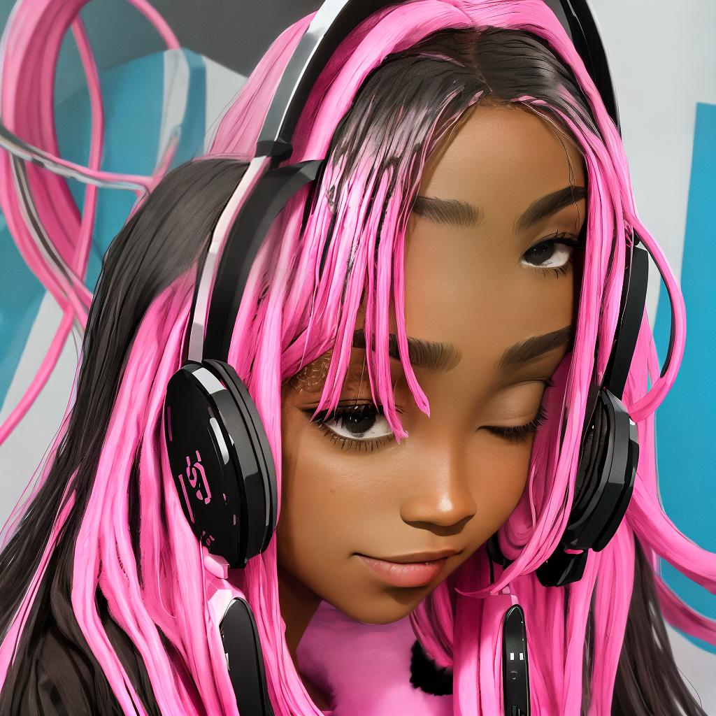  masterpiece, best quality, beautiful black girl with pink headphone and pink background and soft locs